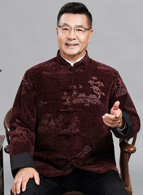 长期货中老年唐装棉衣男中国风灯芯绒爸爸装中式盘扣外套爷爷棉服