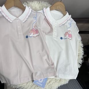 云朵触选2026春季 女童韩版 休闲短袖 T恤花边polo领小猫印花 新款