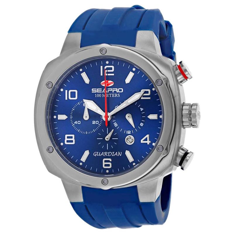 代购SEAPRO男士腕表计时夜光日期测速蓝色橡胶带钢壳防水运动户