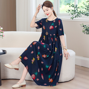 显瘦女装 妈妈外穿碎花裙子大码 棉绸连衣裙宽松民族风大码 新款