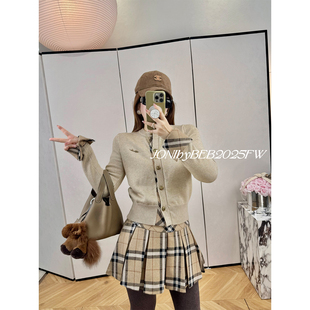 格纹毛呢百褶半裙套装 老钱羊毛混纺拼格纹毛织开衫 冬季 JONIbyBEB