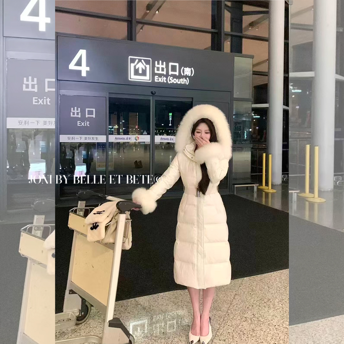 1JONIbyBEB冬雪日常柔美真狐狸毛领袖口长款腰带90白鸭绒羽绒服