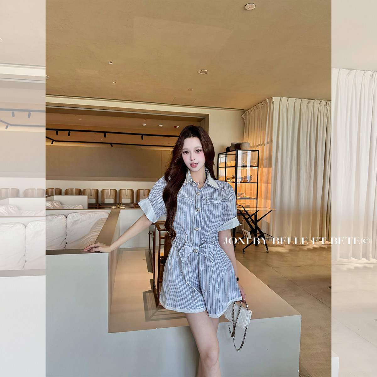 1JONIbyBEB 夏季舒适蓝白条纹全烫钻珍珠扣蝴蝶结装饰短袖连体裤,女装/女士精品,连体衣/裤,淘宝优惠券,粉丝福利购,淘宝优惠卷