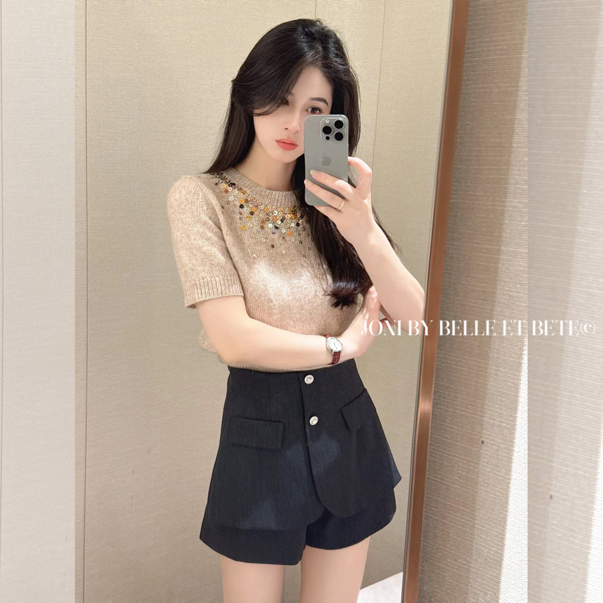 6JONIbyBEB 柜线明媚秋日 重工钉珠亮片装饰精品圆领短袖羊毛衫,女装/女士精品,毛衣,淘宝优惠券,粉丝福利购,淘宝优惠卷