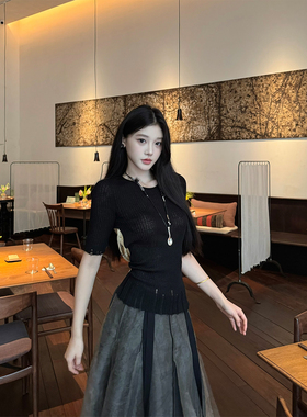 清仓JONI【即墨】真丝墨染印花后背绑带拼接真丝黑色针织短袖