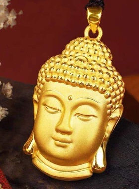 越南沙金佛头小吊坠 黄铜镀金大日如来佛祖首像挂坠男女黑绳项链