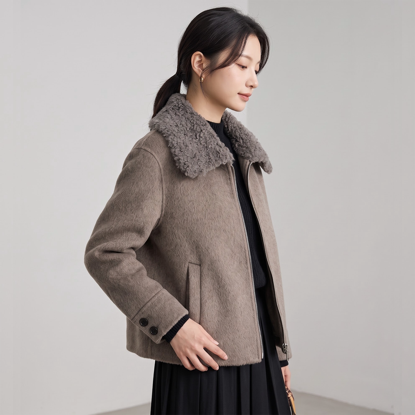 秋冬美拉德毛绒翻领拉链短外套女