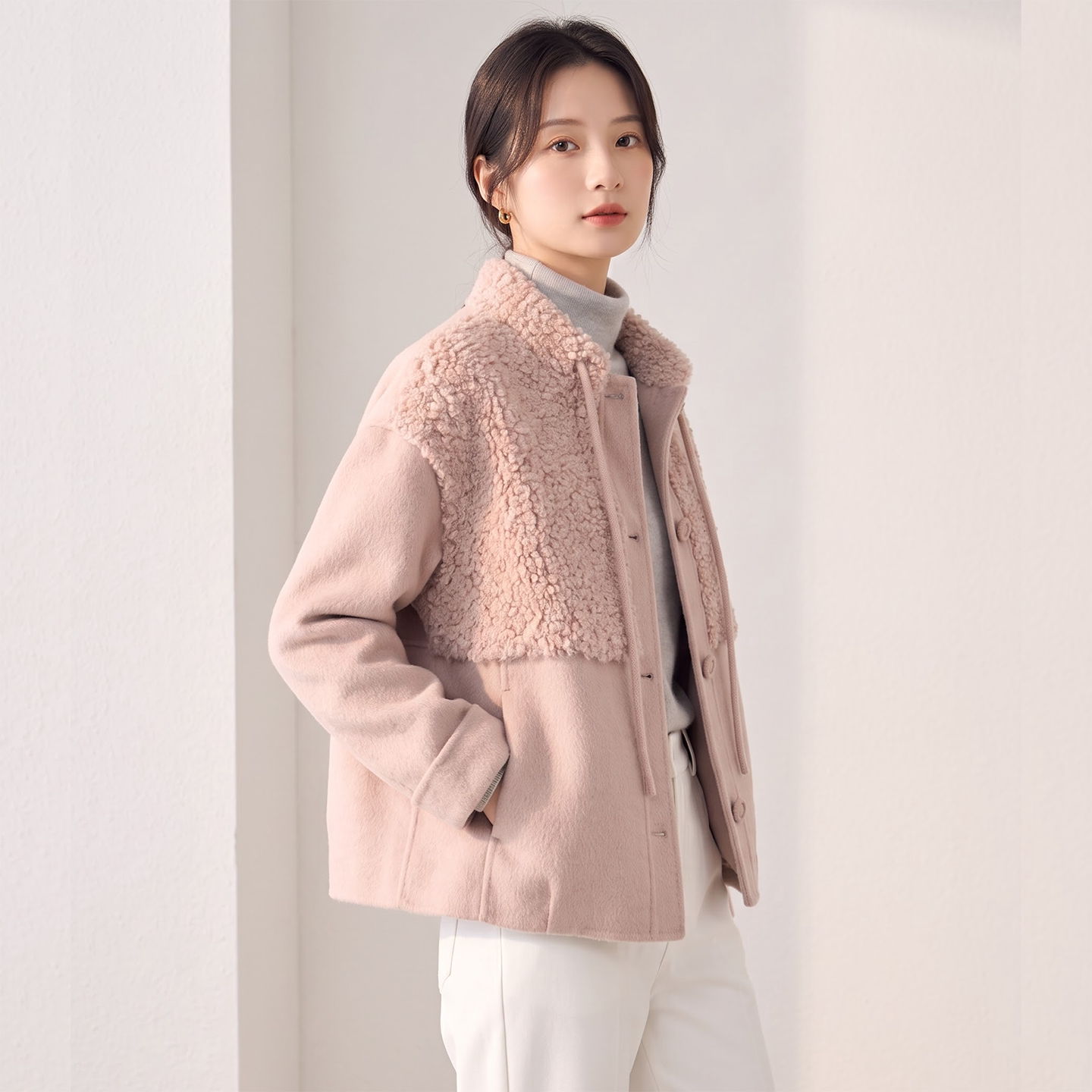 双面呢短款立领宽松粉色大衣女