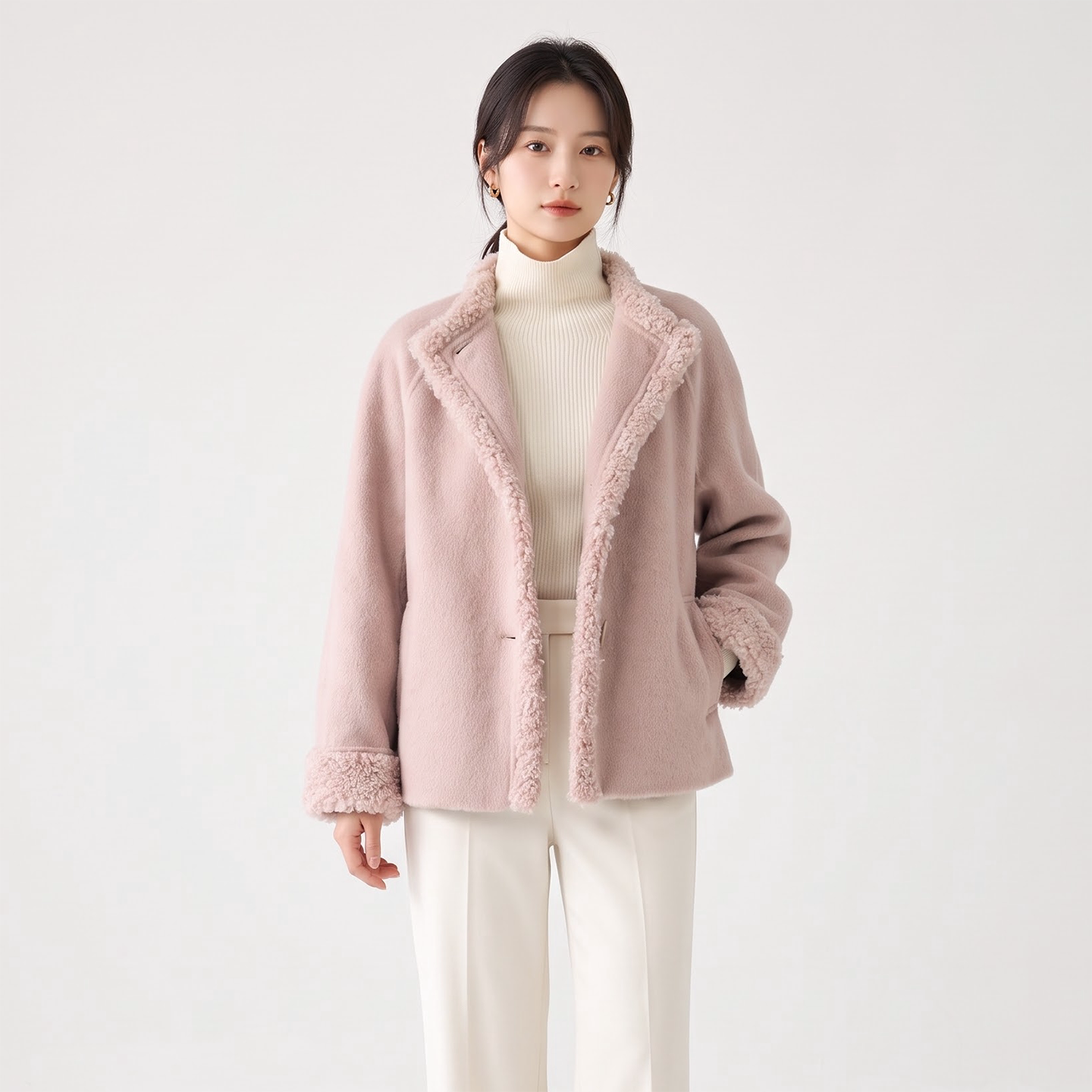 秋冬慵懒风毛绒翻领短款呢外套女