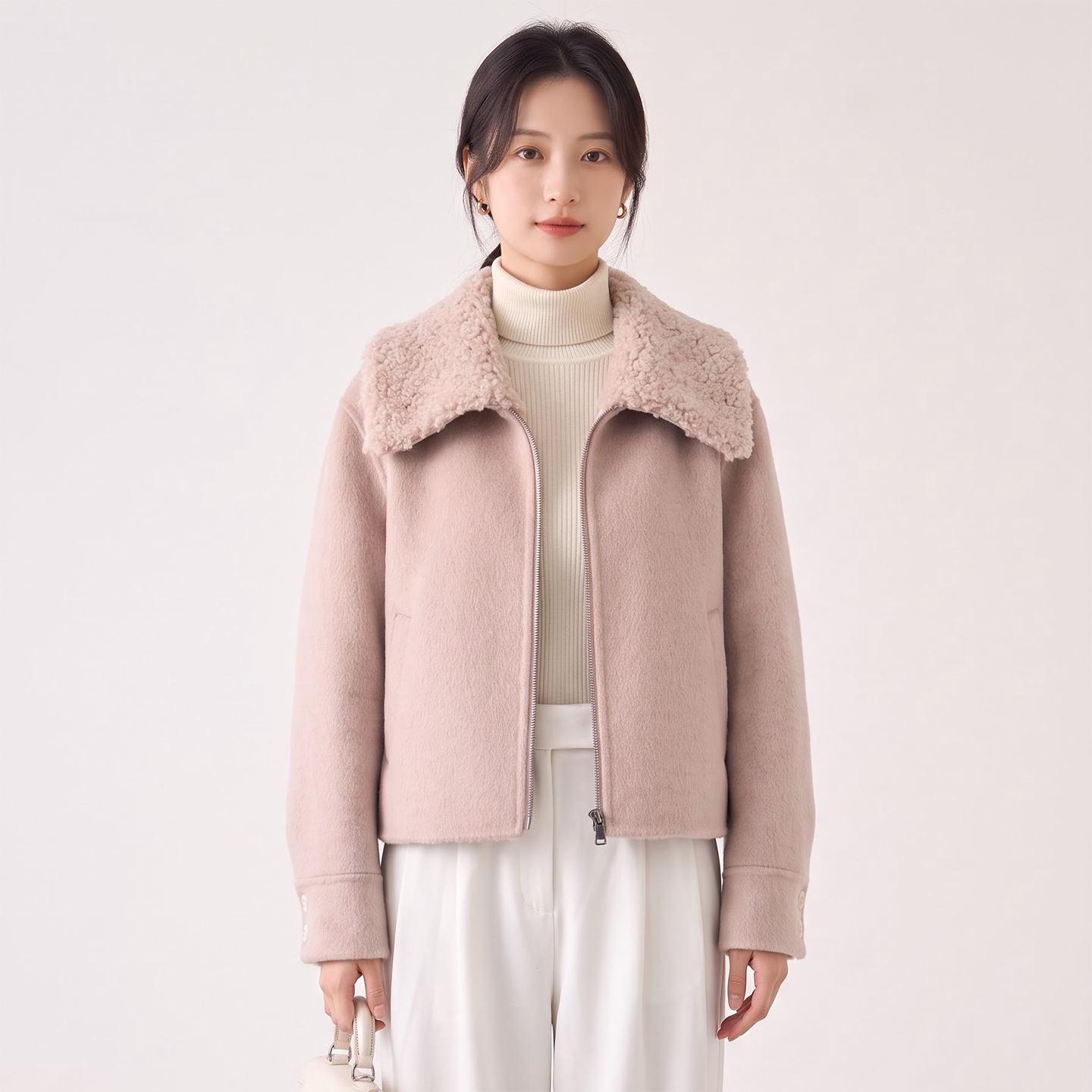 温柔风翻领羊羔毛保暖短外套女