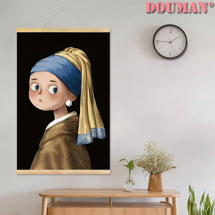 q版世界名画蒙娜丽莎梵高定制实木杆油画布挂画寝室客厅海报壁画