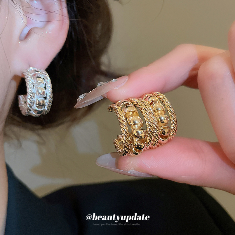 银针金属光面C形纹路耳钉轻奢高