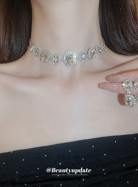 欧美椭圆形镶钻choker项链套装高