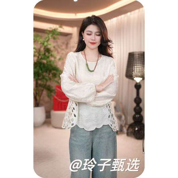 春夏新款中式国风重工刺绣浮光锦提花衬衫女圆领高级感长袖打底衫