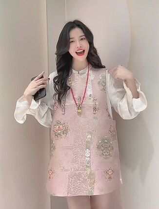 粉色团花春新款中式中长款高定织金马甲裙无袖背心坎肩女外穿气质