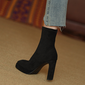 misili 防水台弹力瘦瘦靴2024秋冬新款 磨砂粗跟短靴高跟加绒女靴