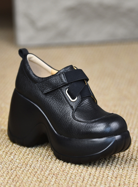 misili 英伦真皮深口单鞋女高跟圆头魔术贴厚底百搭通勤鞋