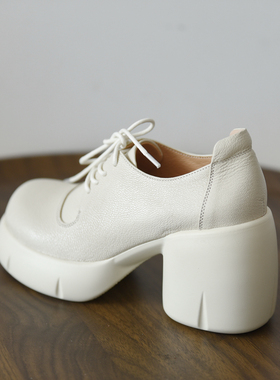 misili~10cm 系带粗跟单鞋2026秋季新款高跟鞋防水台厚底真皮女鞋