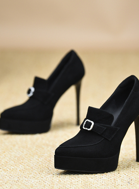 misili尖头性感细跟单鞋12cm黑色高跟鞋2026春季新款厚底真皮女鞋