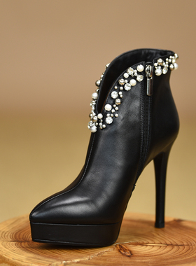 misili尖头细跟短靴12cm时尚高跟鞋2026秋冬季新款厚底真皮女靴子