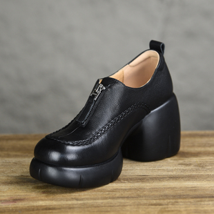 misili 乐福鞋粗跟单鞋8cm高跟鞋2026春季新款前拉链厚底真皮女鞋