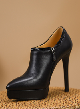 misili~12cm 细跟尖头单鞋2026秋季新款高跟鞋侧拉链厚底真皮女鞋