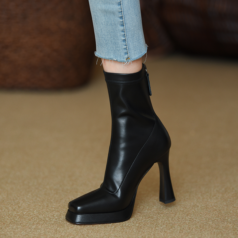 misili粗跟瘦瘦靴方头粗跟短靴