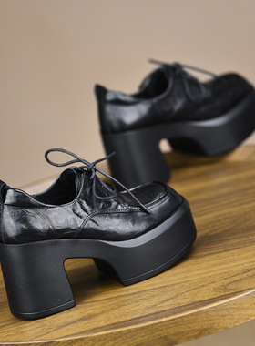 misili 系带粗跟单鞋9cm小个子高跟鞋2026春季新款防水台厚底女鞋