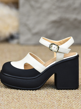 misili 法式厚底包头凉鞋女夏真皮一字扣带粗跟防水台罗马鞋