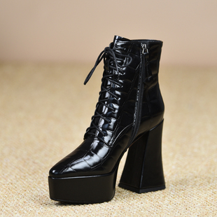 misili 马丁靴粗跟短靴2026秋冬新款 高跟鞋 系带厚底女靴子 12.2cm