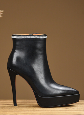 misili~12.5cm 显瘦尖头细跟短靴2026秋冬季新款高跟鞋厚底女靴子