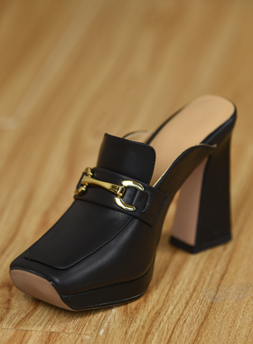 misili包头粗跟外穿拖鞋夏季新款10cm高跟鞋黑色真皮凉鞋穆勒女鞋