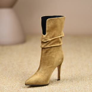 新款 2025秋冬季 平底真皮女靴子 尖头细跟短靴9cm褶皱高跟鞋 misili