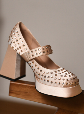 misili~10cm 水钻浅口单鞋2026夏季新款高跟鞋魔术贴厚底粗跟女鞋