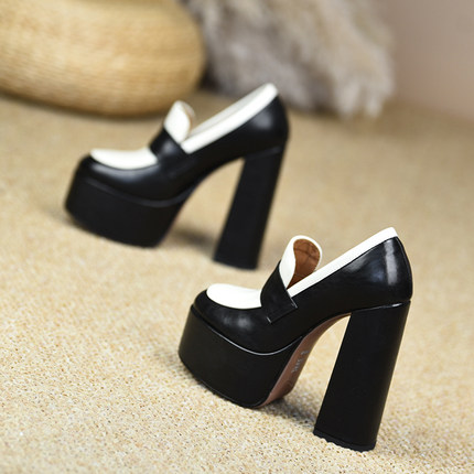 misili拼色粗跟单鞋14cm圆头高跟鞋2026春秋季新款一脚蹬厚底女鞋