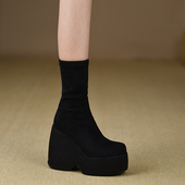 13.5cm高跟鞋 misili弹力瘦瘦靴方头坡跟短靴秋冬季 新款 厚底女靴子