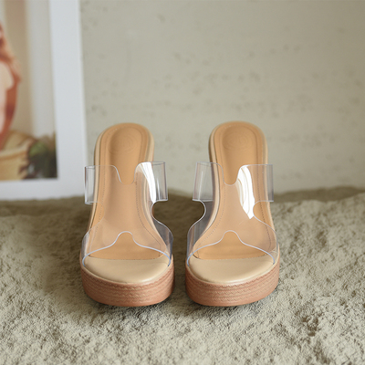 misili粗跟防水台透明凉拖鞋女