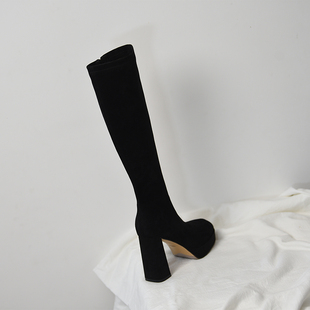 misili 新款 9.8cm高跟鞋 方头厚底女靴子 弹力靴黑色粗跟长靴秋冬季