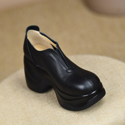 misili 一脚蹬坡跟单鞋9cm圆头高跟鞋2026春秋季新款厚底真皮女鞋