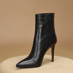 misili~10cm 尖头细跟短靴女2026秋冬季新款高跟鞋平底真皮女靴子