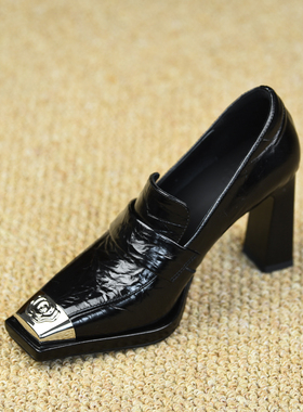 misili 英伦风方头粗跟单鞋8.5cm高跟鞋2026春秋季新款一脚蹬女鞋