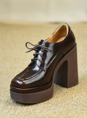 misili英伦风粗跟方头单鞋11.7cm高跟鞋2026春季新款系带厚底女鞋