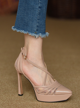 misili 真皮包头防水台高跟鞋尖头细跟凉鞋女2026春夏季新款女鞋