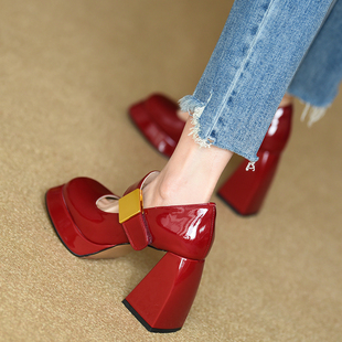 女2025春季 方头粗跟单鞋 新款 高跟鞋 misili 漆皮女鞋 9cm酒红色婚鞋
