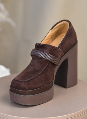 misili 复古风方头玛丽珍鞋女高跟粗跟深口单鞋厚底乐福鞋