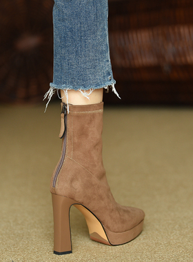 misili 10cm弹力靴粗跟短靴女 2026秋冬季新款高跟鞋防水台女靴子