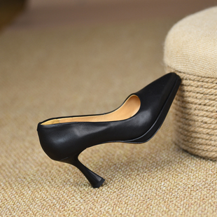 misili 一脚蹬细跟浅口单鞋8cm高跟鞋2026春季新款小个子真皮女鞋