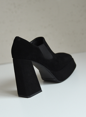 misili方头粗跟深口单鞋春季新款11.5cm高跟鞋侧拉链厚底真皮女鞋