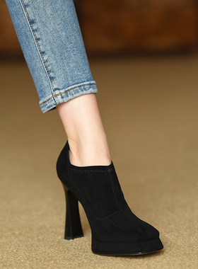 misili 10cm方头弹力粗跟单鞋女2026年春季新款高跟鞋防水台女鞋