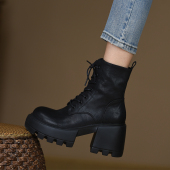 misili 厚底女靴子 8.5cm高跟鞋 系带马丁靴黑色粗跟短靴秋冬季 新款